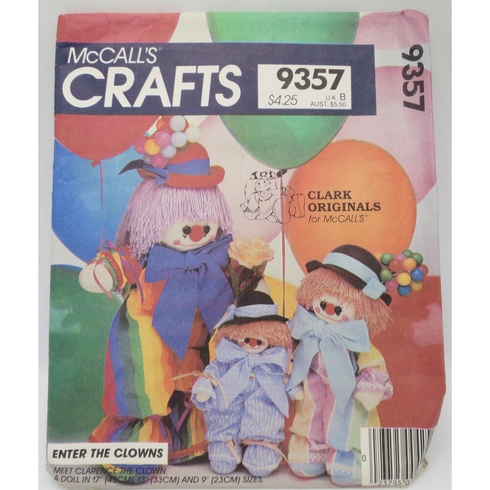 McCall's Crafts 9357 Clown Dolls Stuffed Animal 17" 13" 9" Sizes Vintage 1980s